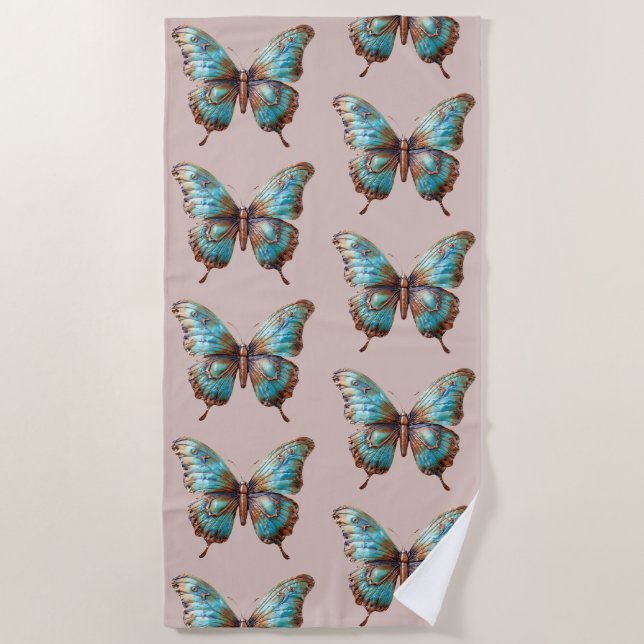 Toalla De Playa Mariposas azul turquesa crema (Anverso)