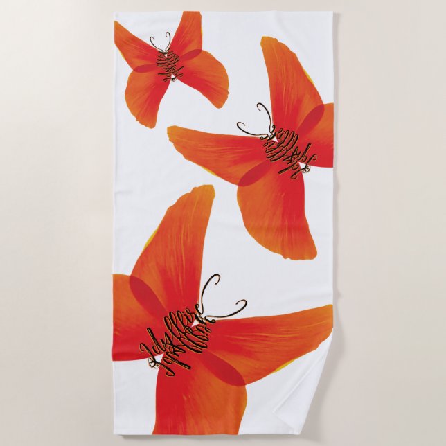 Toalla De Playa Mariposas de amapola roja naranja con tres nombres (Anverso)