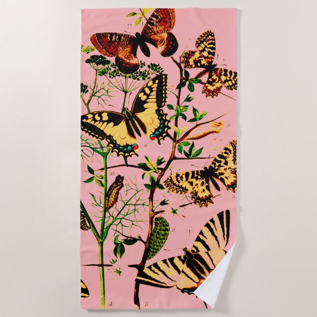 Toalla De Playa Mariposas Francesas Rosadas (Anverso)