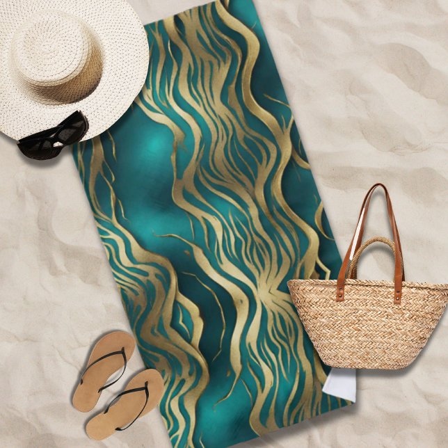 Toalla De Playa Mármol beige moderno ondea azul turquesa Verde azu (Modern Beige Marble Waves Turquoise Teal Blue Beach Towel)
