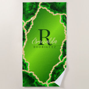 Toalla De Playa Mármol verde esmeralda monogramado y árido de oro