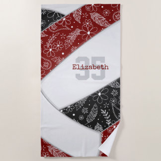 Toalla De Playa maroon black boho floral doodle chica voleibol