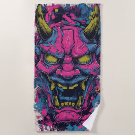 Toalla De Playa Máscara de Demonio Oni Rosa – Arte de Graffiti Jap