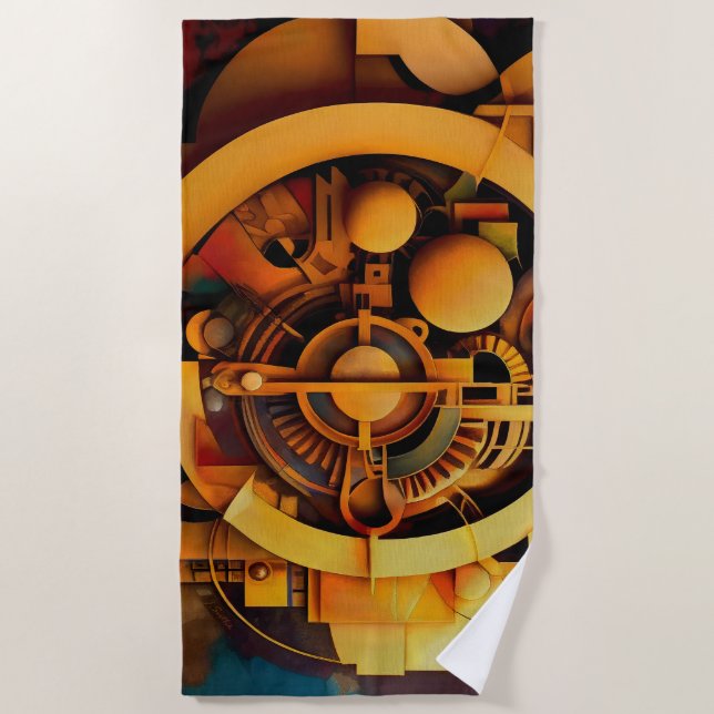 Toalla De Playa Mecanismo Dorado Abstracto Steampunk (Anverso)