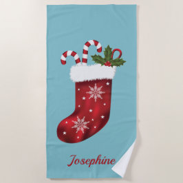 Toalla De Playa Medias de Navidad Rojas en Azul con Texto Personal