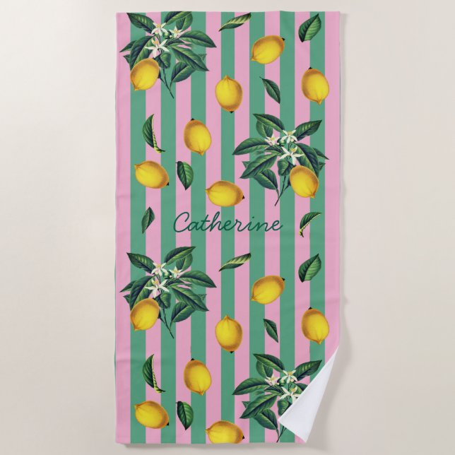 Toalla De Playa Mediterranean Lemons Pink Green Stripes Name (Anverso)