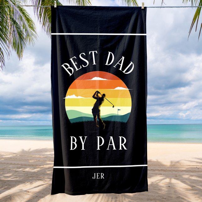Toalla De Playa Mejor Papá Por Par Golfista Silueta Negro Blanco (Best Dad By Par Golfer Silhouette Black White Beach Towel)