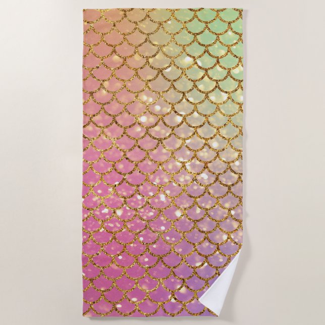 Toalla De Playa Mermaid balanza oro rosa verde (Anverso)