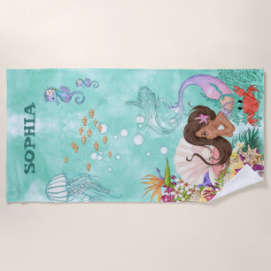 Toalla De Playa Mermaid Cute Dark Hair Starfish Green Personal