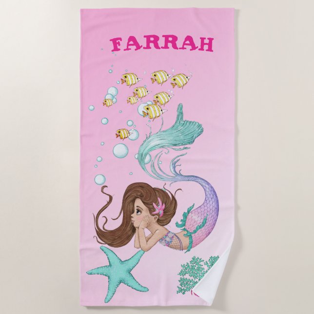 Toalla De Playa Mermaid Cute Pink Starfish Oscuro Pelo Personal (Anverso)