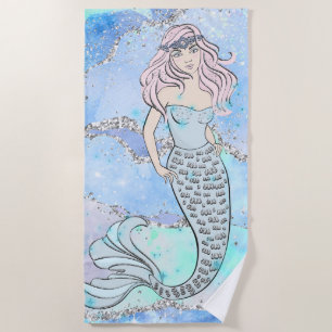 Toalla De Playa Mermaid Hermosa Moda Purpurina Verde azulada de Oc