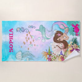 Toalla De Playa Mermaid Pink Blue Starfish Cute Personal