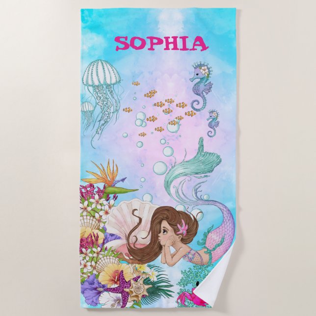 Toalla De Playa Mermaid Pink Blue Starfish Cute Personal (Anverso)