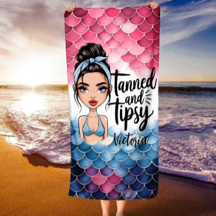 Toalla De Playa Messy Bun Fish Scales Tanned y nombre personalizad