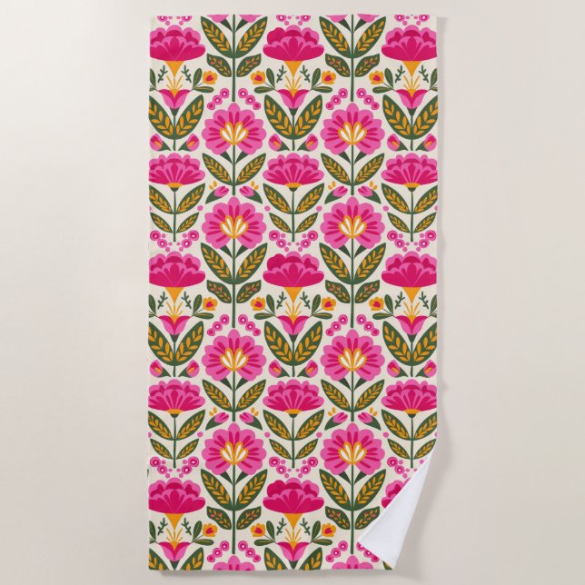 Toalla De Playa Mexican Talavera Flowers Fuchsia Pink Botanical (Anverso)