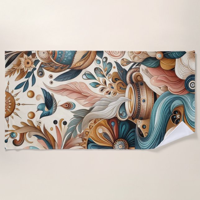 Toalla De Playa Mezcla bohemia de flores verde azuladas, magenta y (Anverso)