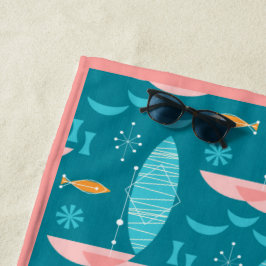 Toalla De Playa Mid Century Pink Catamaran - Blue Background