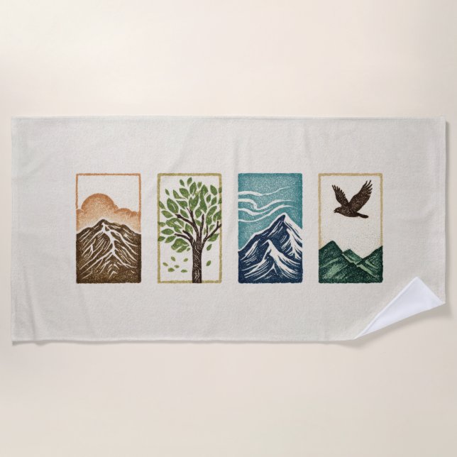 Toalla De Playa Minimal Nature Set – Mountain & Tree Art (Anverso)