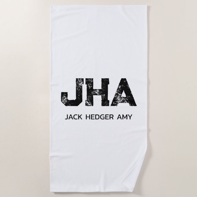 TOALLA DE PLAYA MINIMALIST BLACK THREE LETTER MONOGRAM NAME WHITE (Anverso)