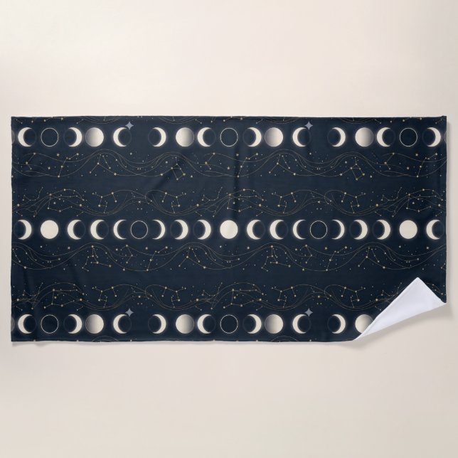Toalla De Playa Minimalist Lunar Phases Pattern with Stars and Nig (Anverso)
