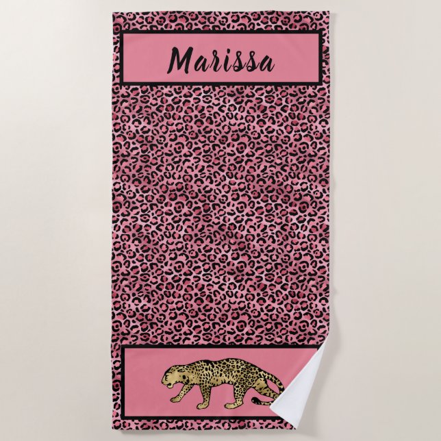 Toalla De Playa Moda Black Pink Gold Leopard Personalizado (Anverso)