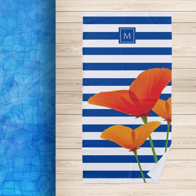 Toalla De Playa Moda de amapola Bandas Azules Monograma (Subido por el creador)