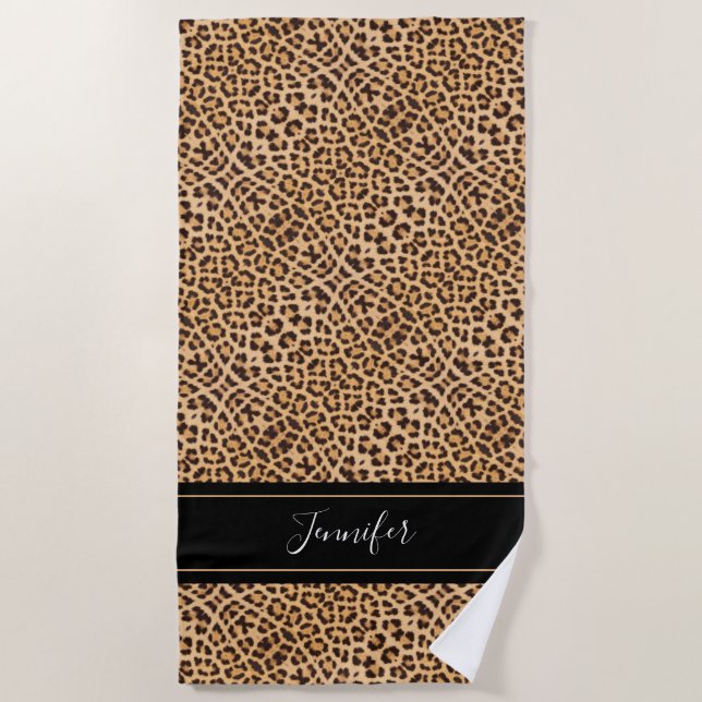 Toalla De Playa Moda Leopard Print Black Script Personalizado (Anverso)