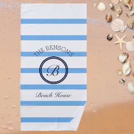 Toalla De Playa Moda Monograma Rayas Azules Ligeras Nombre de la f
