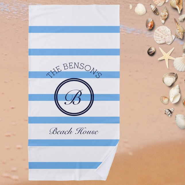 Toalla De Playa Moda Monograma Rayas Azules Ligeras Nombre de la f (Subido por el creador)