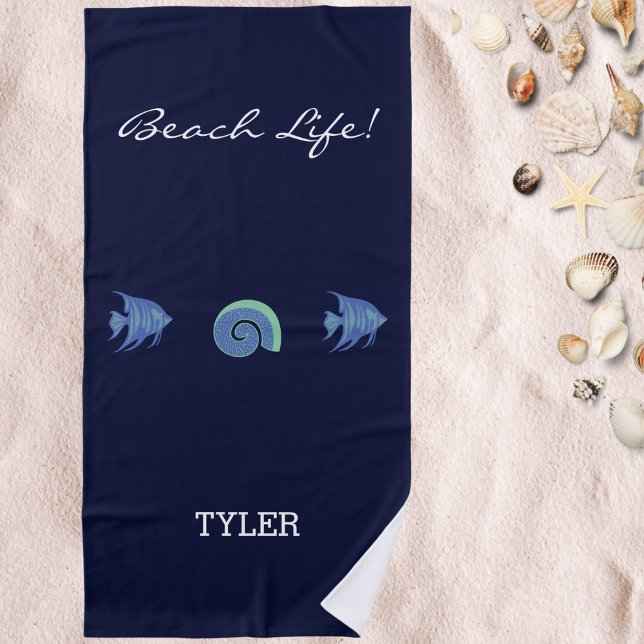 Toalla De Playa Moda Navy Blue Fish and Shell Name (Subido por el creador)