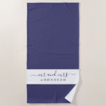 Toalla De Playa Moda Recién Contratado Sr. Navy Blue White Monogra<br><div class="desc">Moda toalla de playa monogramada azul marino y blanco con el texto Mr. y Mrs. en un guión elegante. Puedes personalizar esta elegante toalla de playa con tu nombre casado. Un regalo perfecto para la pareja recién casada. Diseñado exclusivamente para usted por Happy Dolphin Studio.</div>