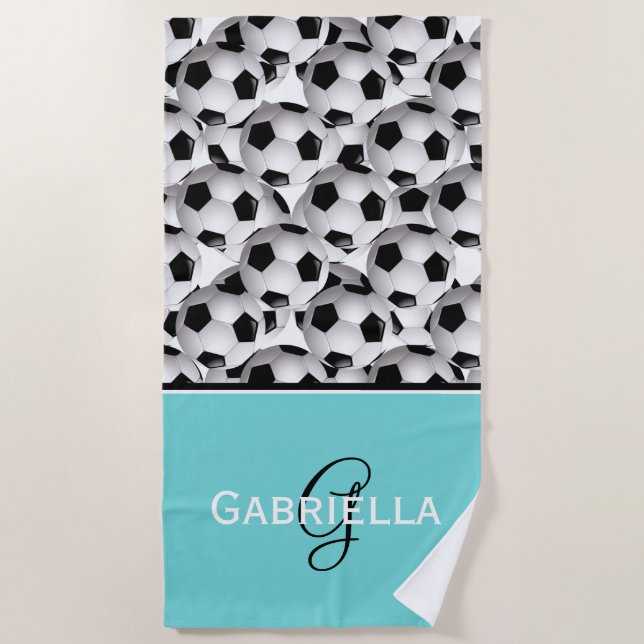 Toalla De Playa Modelo negro del balón de fútbol del monograma (Anverso)