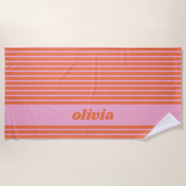 Toalla De Playa Modern Summer Pink Orange Striped Personalized  (Anverso)