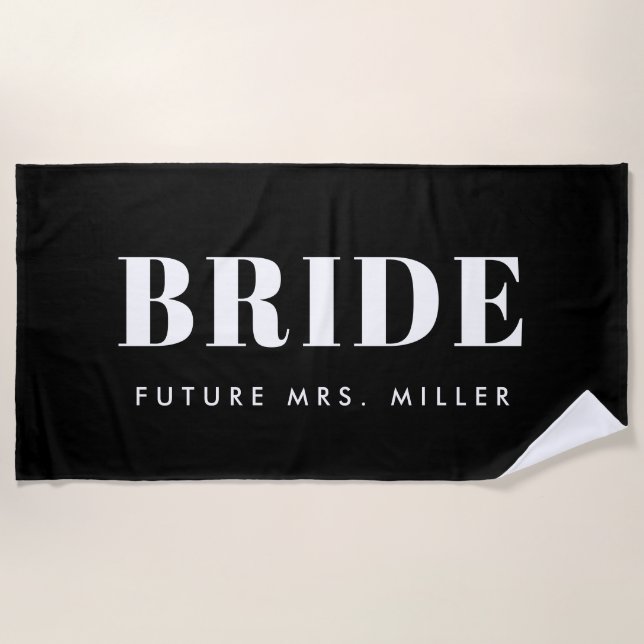 Toalla De Playa Moderna Bachelorette Negra Futuro Sra. Bride (Anverso)