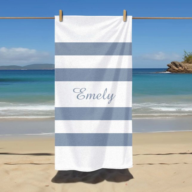 Toalla De Playa Moderno a rayas azul polvoriento  (Modern Dusty Blue Striped Beach Towel)