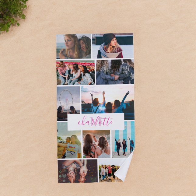 Toalla De Playa Moderno divertido genial collage de fotos de 11 en (Modern fun cool 11 photo collage grid her monogram beach towel)