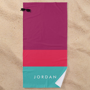 Toalla De Playa Moderno Estilo Bloque de Color Purpura Rosa Turque