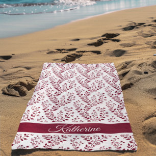 Toalla De Playa Moderno Minimalista Rojo Burdeos Blanco Floral Scr
