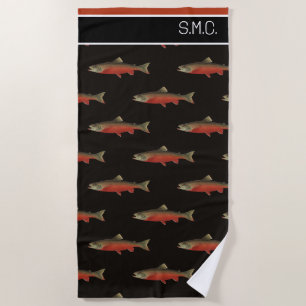 Toalla De Playa Moderno Monograma Diseño de salmón de pescado Blan