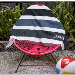 Toalla De Playa Moderno Monograma rayado Negro Azul Blanco Rojo