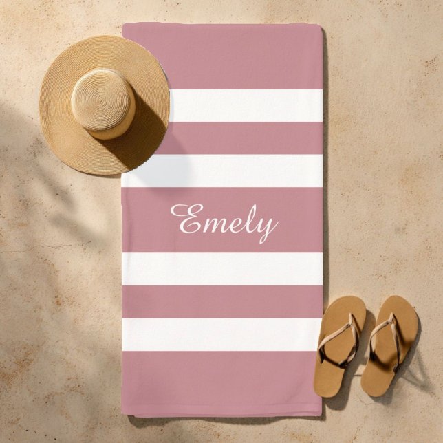 Toalla De Playa Moderno Rosa Polvoriento Rayado (Modern Dusty Pink Striped Name Beach Towel)