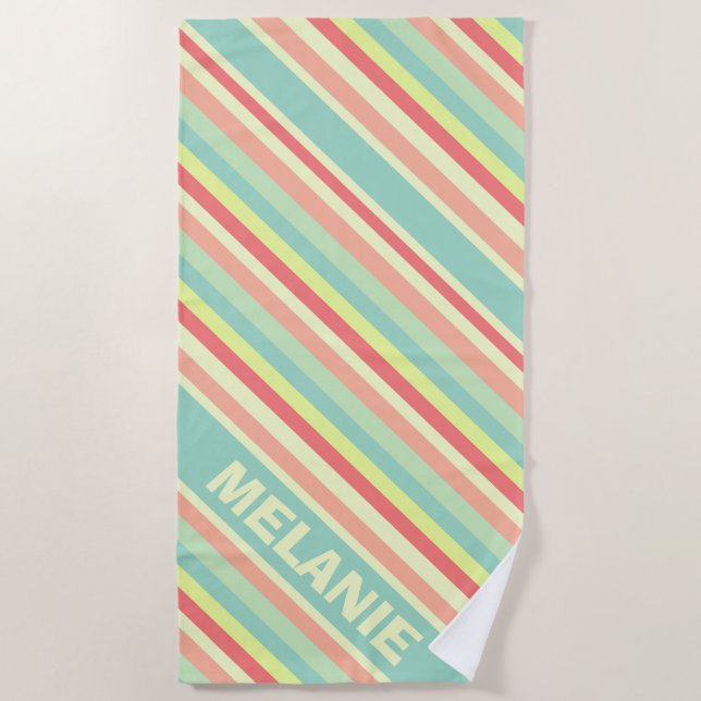 Toalla De Playa Moderno Summer Colorful Diagonal Stripes Name (Anverso)