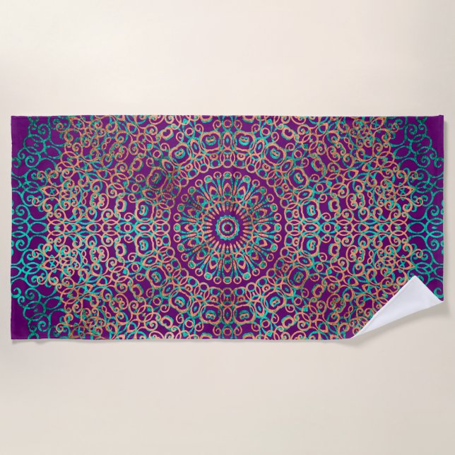 Toalla De Playa Moderno y elegante Mandala Boho oscuro morado (Anverso)