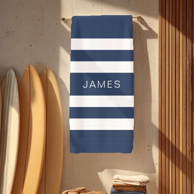 Toalla De Playa Moderno y elegante nombre del patrón de franjas az (Modern Elegant Navy Blue Stripes Pattern Name Beach Towel)