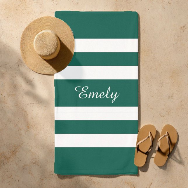 Toalla De Playa Moderno y elegante nombre del patrón de rayas blan (Modern Elegant Green Stripes Pattern Name Beach Towel)