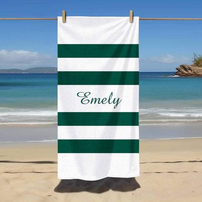 Toalla De Playa Moderno y elegante nombre del patrón de rayas blan (Modern Elegant Green White Stripes Pattern Name Beach Towel)