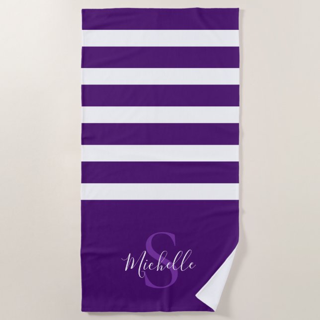 Toalla De Playa Moderno y elegante Purple Simple Stried Monograma  (Anverso)