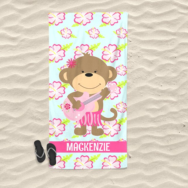 Toalla De Playa Mono Hibiscus Ukelele Cute (Hula Monkey with Ukelele Pink Tropical Beach Towel)