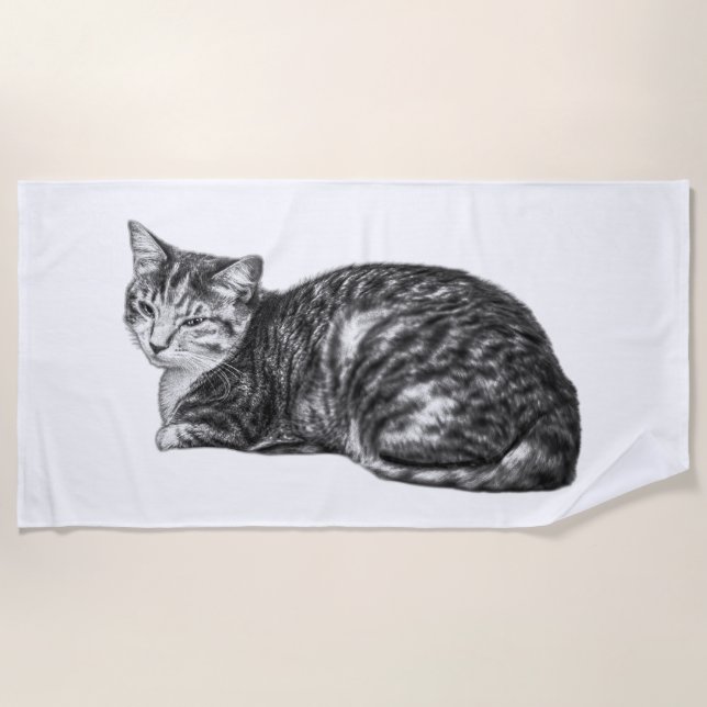 Toalla de playa monocroma con gato de Tabby (Anverso)