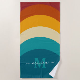 Toalla De Playa Monograma arcoiris Nombre personalizado Retro Traz